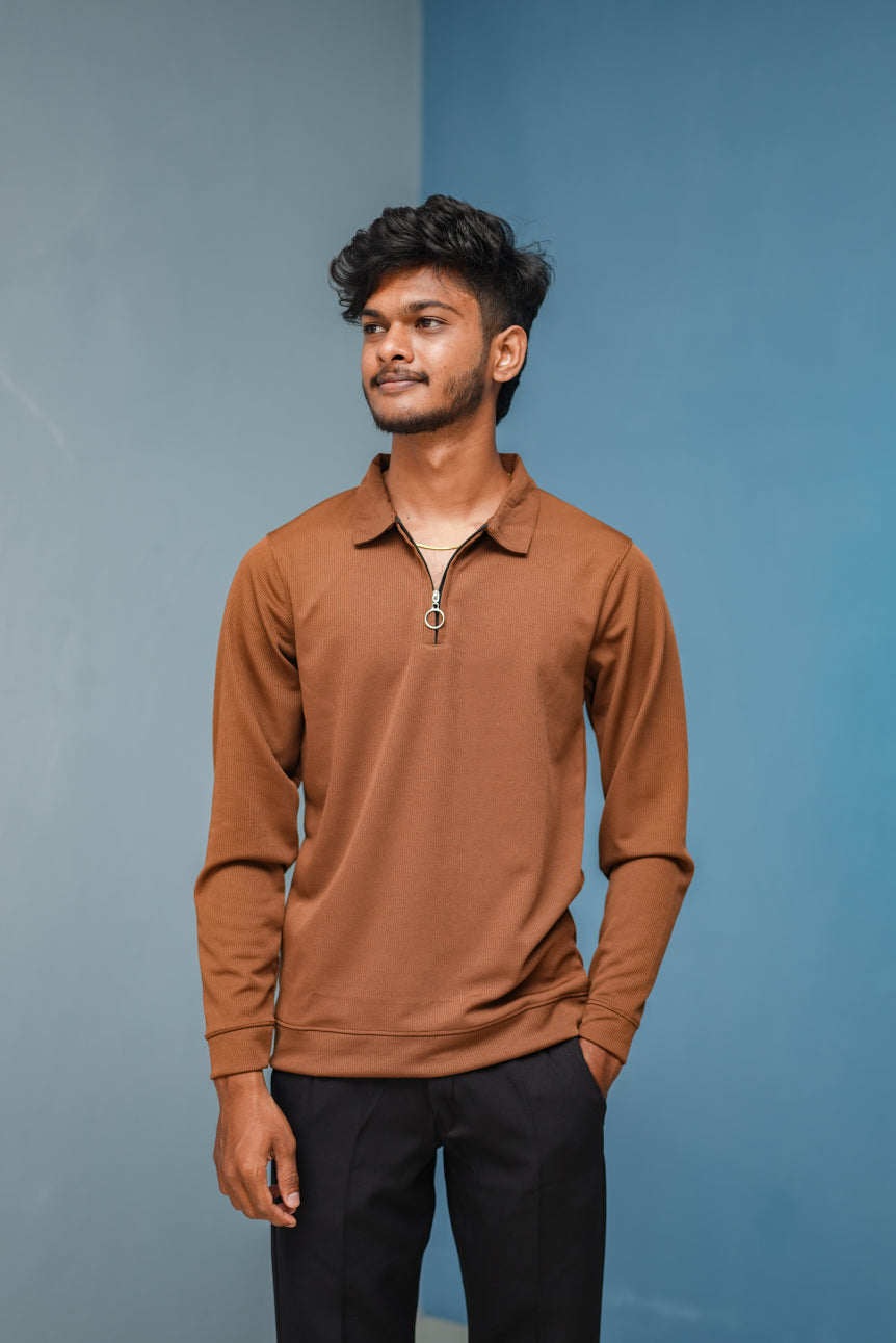 Textured Old Money Full Sleeve Collar Neck Korean Zipper Tshirt -  Brown