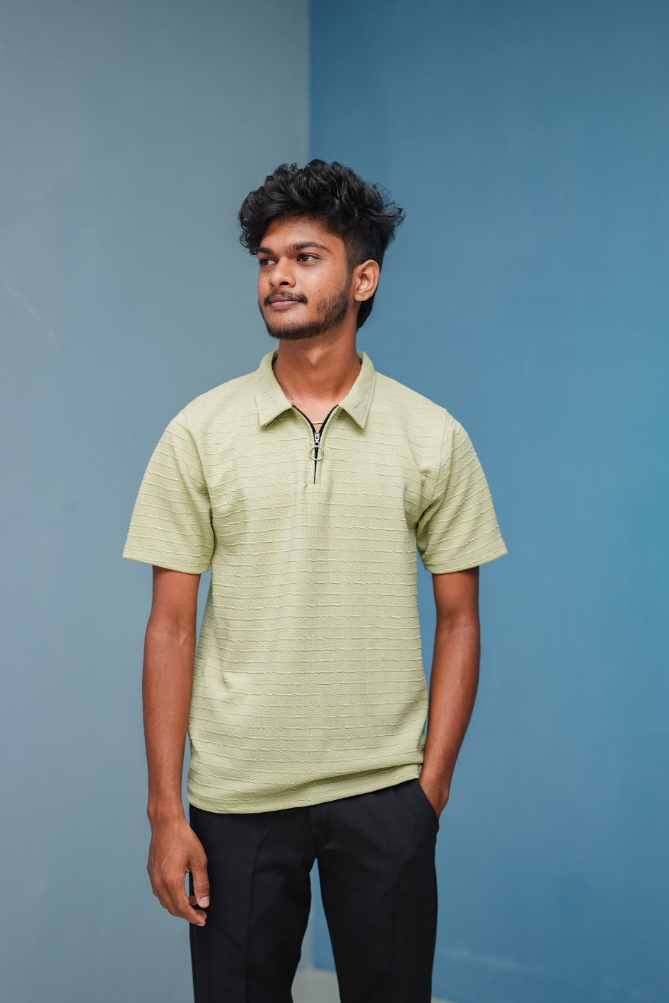 Half Sleeve Collar Neck Old Money Korean Zipper Tshirt-Pista Green