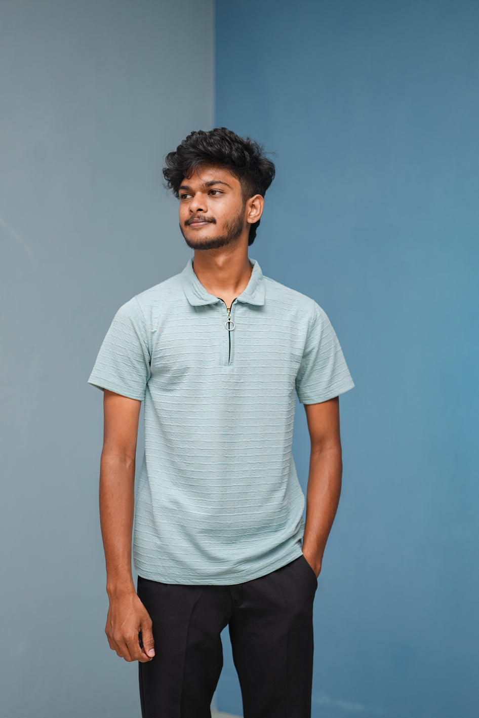 Half Sleeve Collar Neck Old Money Korean Zipper Tshirt- Sky Blue
