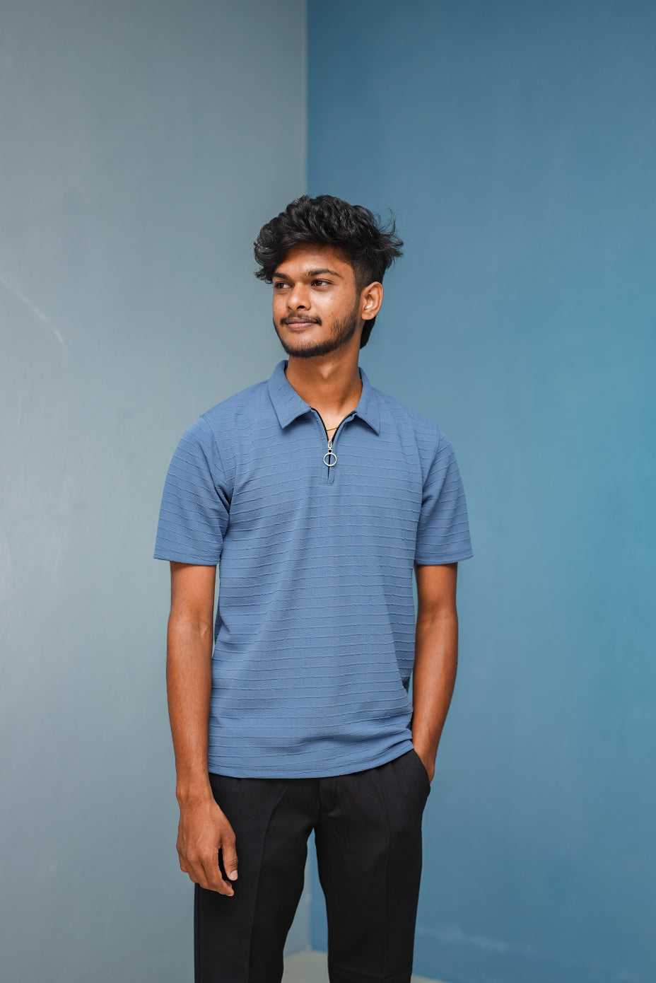 Half Sleeve Collar Neck Old Money Korean Zipper Tshirt-  petrol blue