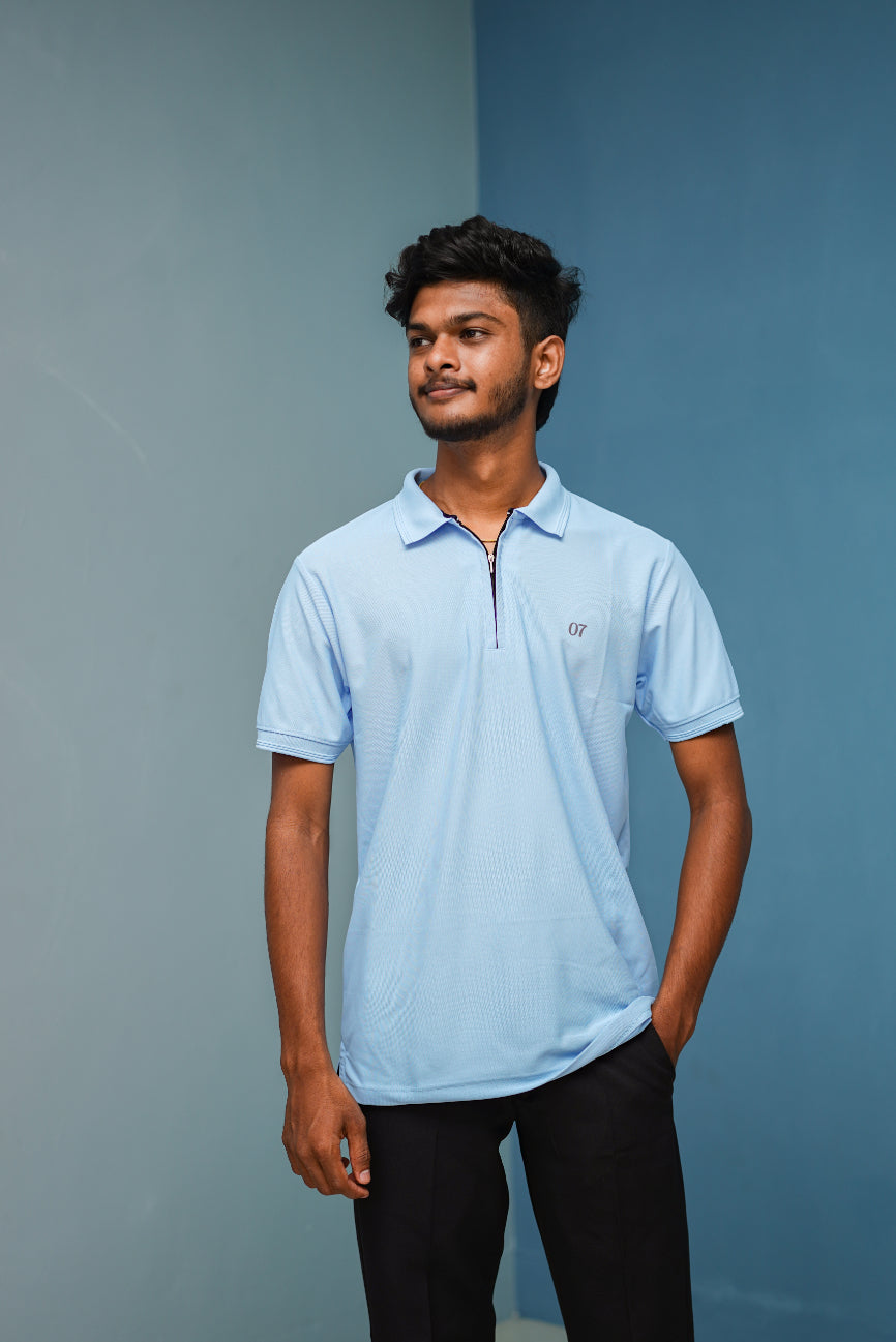 Half Sleeve Collar Neck Korean Zipper 07 Tshirt for Men-Sky Blue