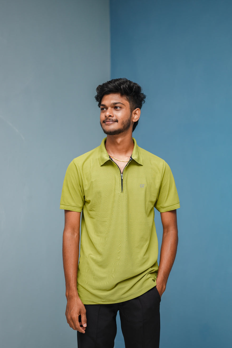 Half Sleeve Collar Neck Korean Zipper 07 Tshirt for Men- Mustard Green