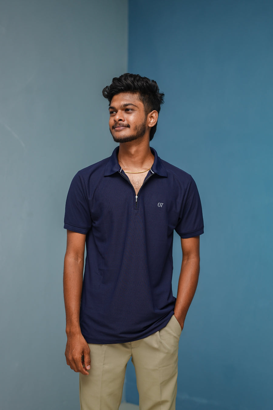 Half Sleeve Collar Neck Korean Zipper 07 Tshirt for Men- Dark Navy Blue