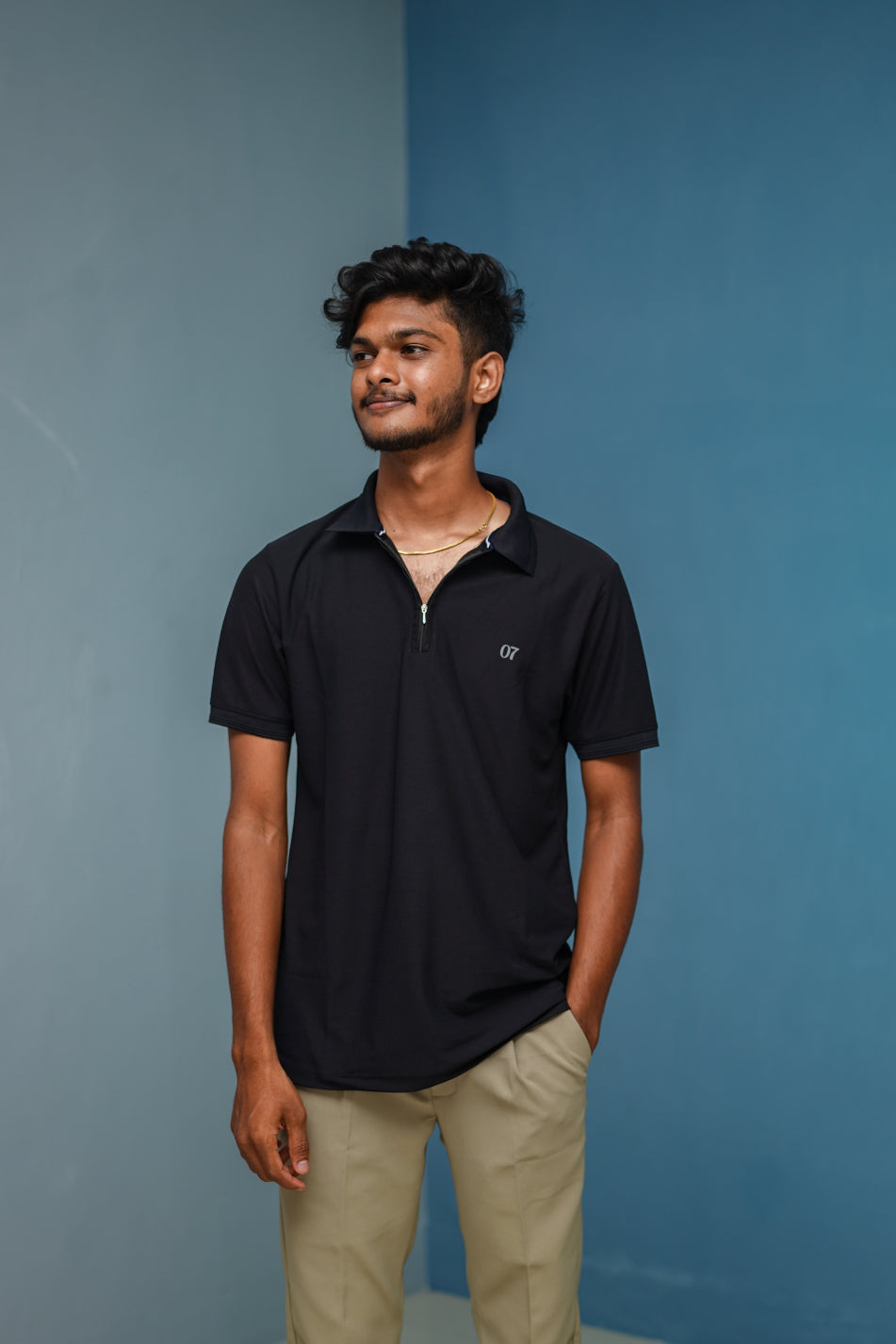 Half Sleeve Collar Neck Korean Zipper 07 Tshirt for Men- Black