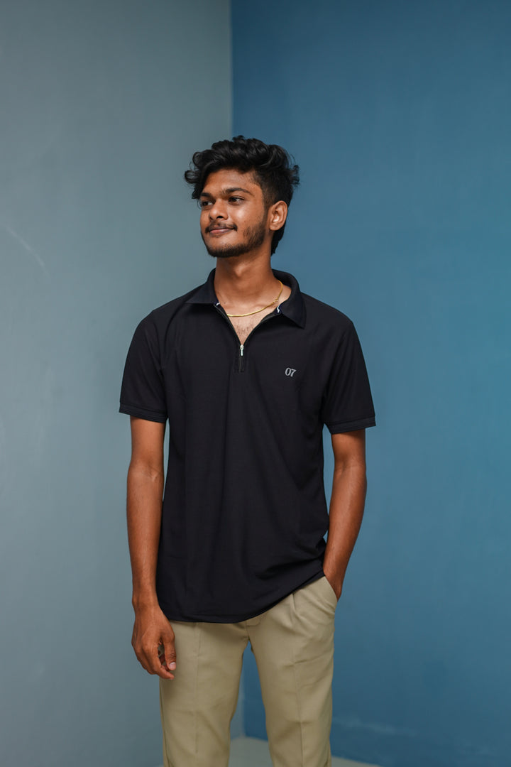 Half Sleeve Collar Neck Korean Zipper 07 Tshirt for Men- Black-T-Shirt-7 Man
