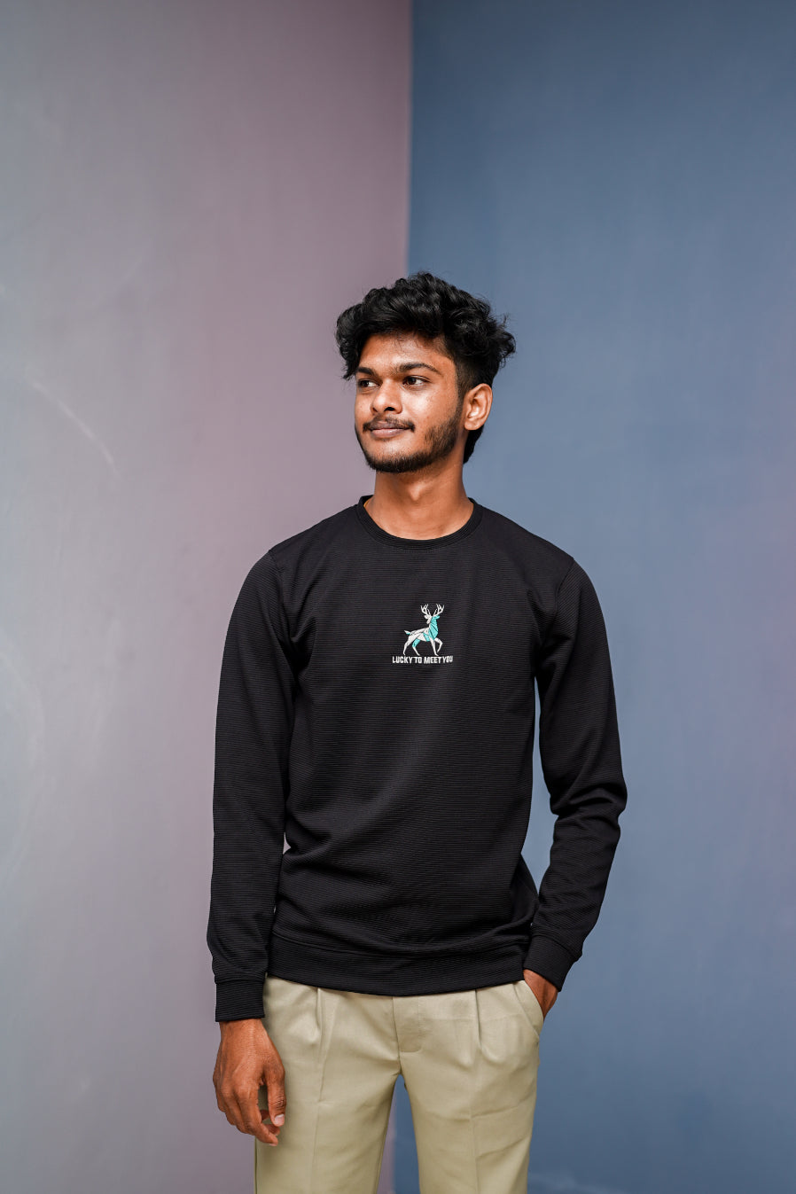 Full Sleeve Round Neck Printed Tshirt - LUCKY TO MEET YOU- Black