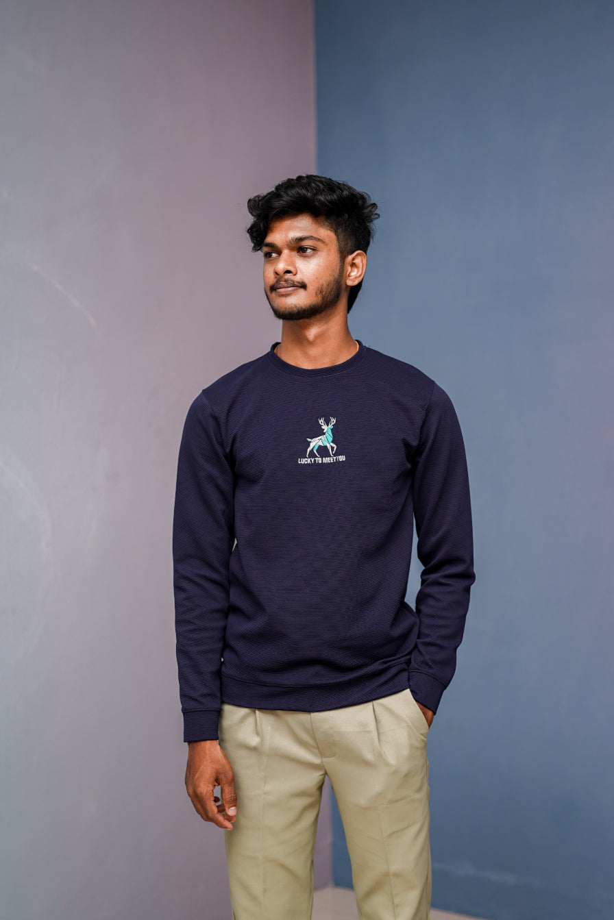 Full Sleeve Round Neck Printed Tshirt - LUCKY TO MEET YOU-Navy Blue