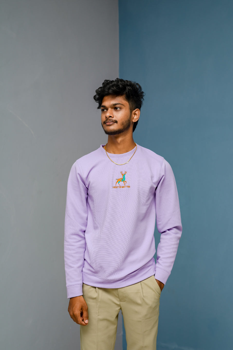 Full Sleeve Round Neck Printed Tshirt - LUCKY TO MEET YOU- Purple