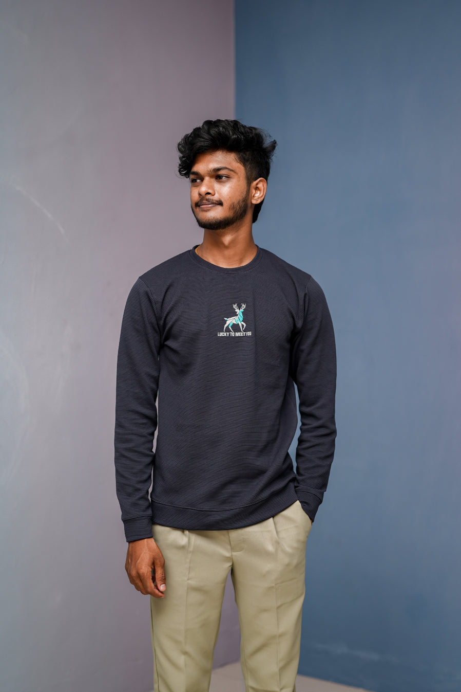 Full Sleeve Round Neck Printed Tshirt - LUCKY TO MEET YOU-Grey