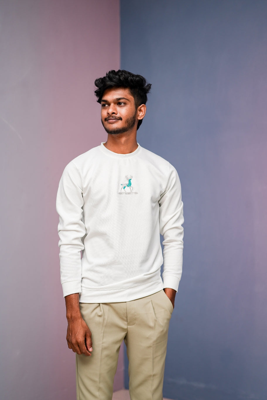 Full Sleeve Round Neck Printed Tshirt - LUCKY TO MEET YOU-White