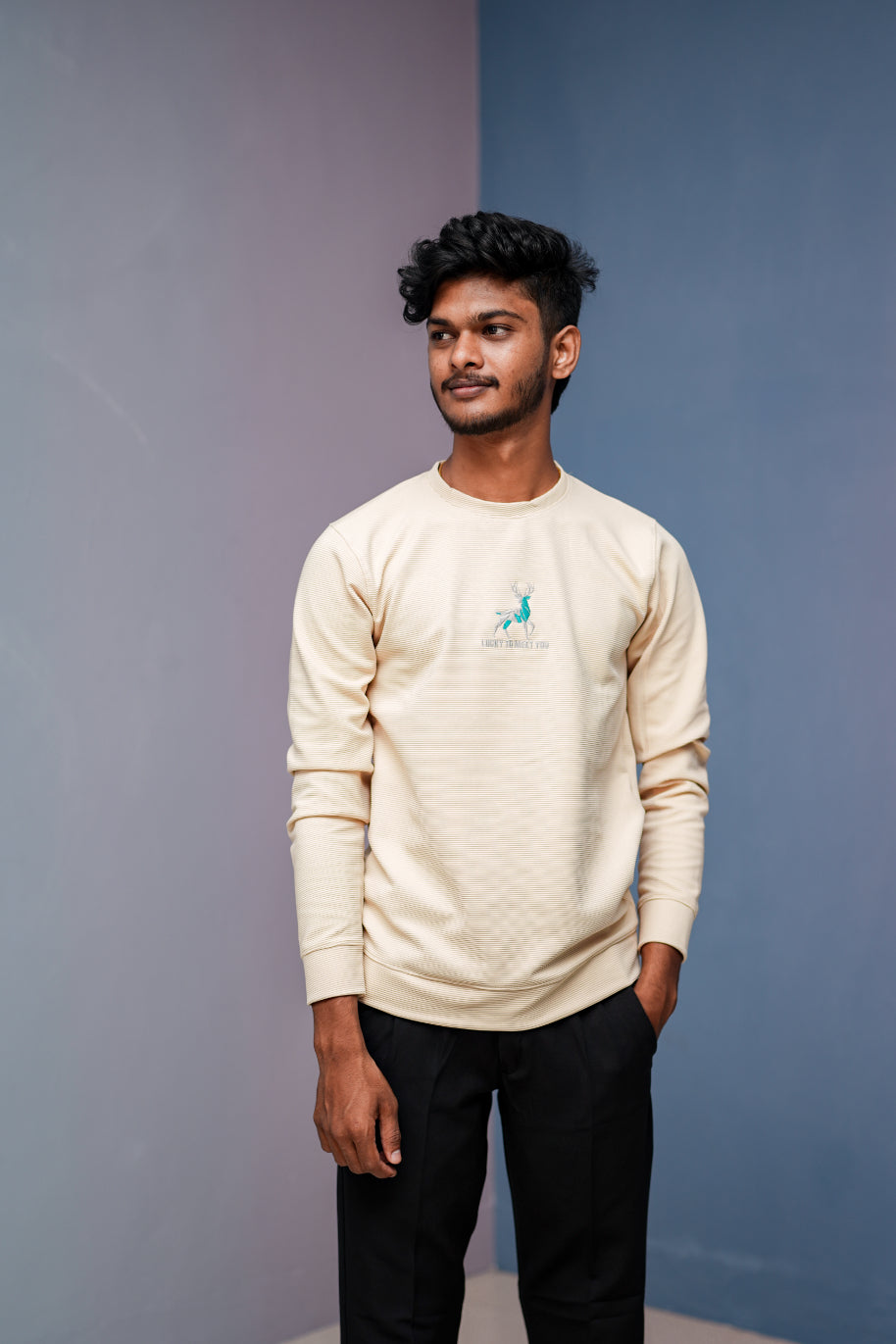 Full Sleeve Round Neck Printed Tshirt - LUCKY TO MEET YOU-Sandle