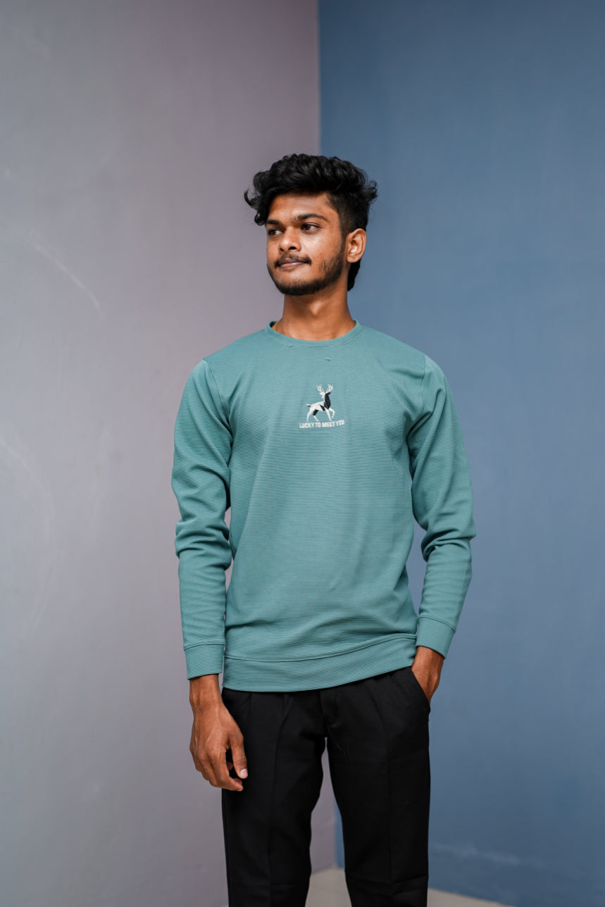 Full Sleeve Round Neck Printed Tshirt - LUCKY TO MEET YOU-Ramar Green