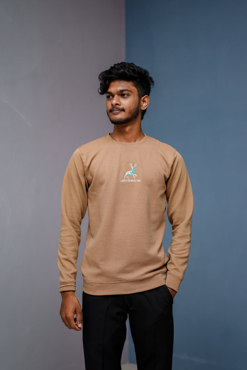 Full Sleeve Round Neck Printed Tshirt - LUCKY TO MEET YOU-Brown