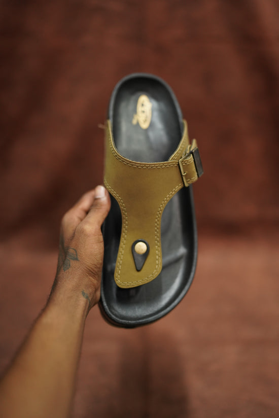 Men’s Leather Buckle Sandals with Tan Sole Stylish & Comfortable - Tan With Black Sole