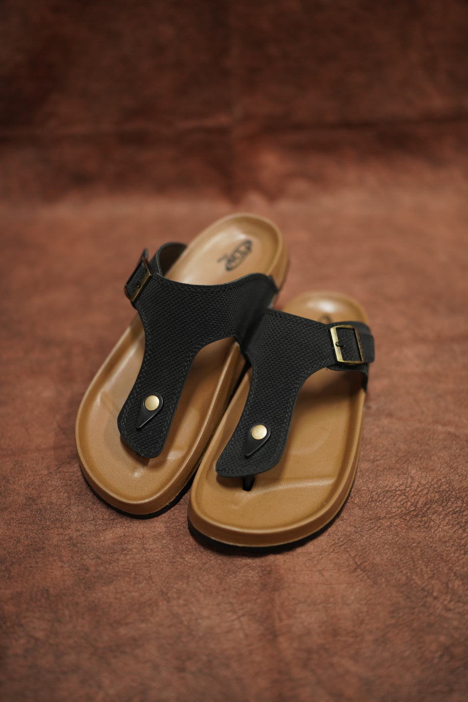 Men’s Leather Buckle Sandals with Tan Sole Stylish & Comfortable - Black With Tan Sole