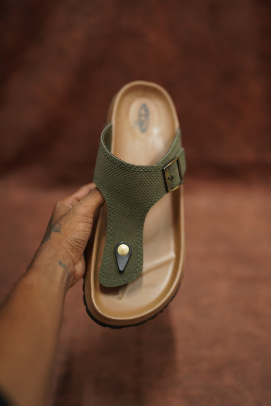 Men’s Leather Buckle Sandals with Tan Sole Stylish & Comfortable - Green with Tan sole