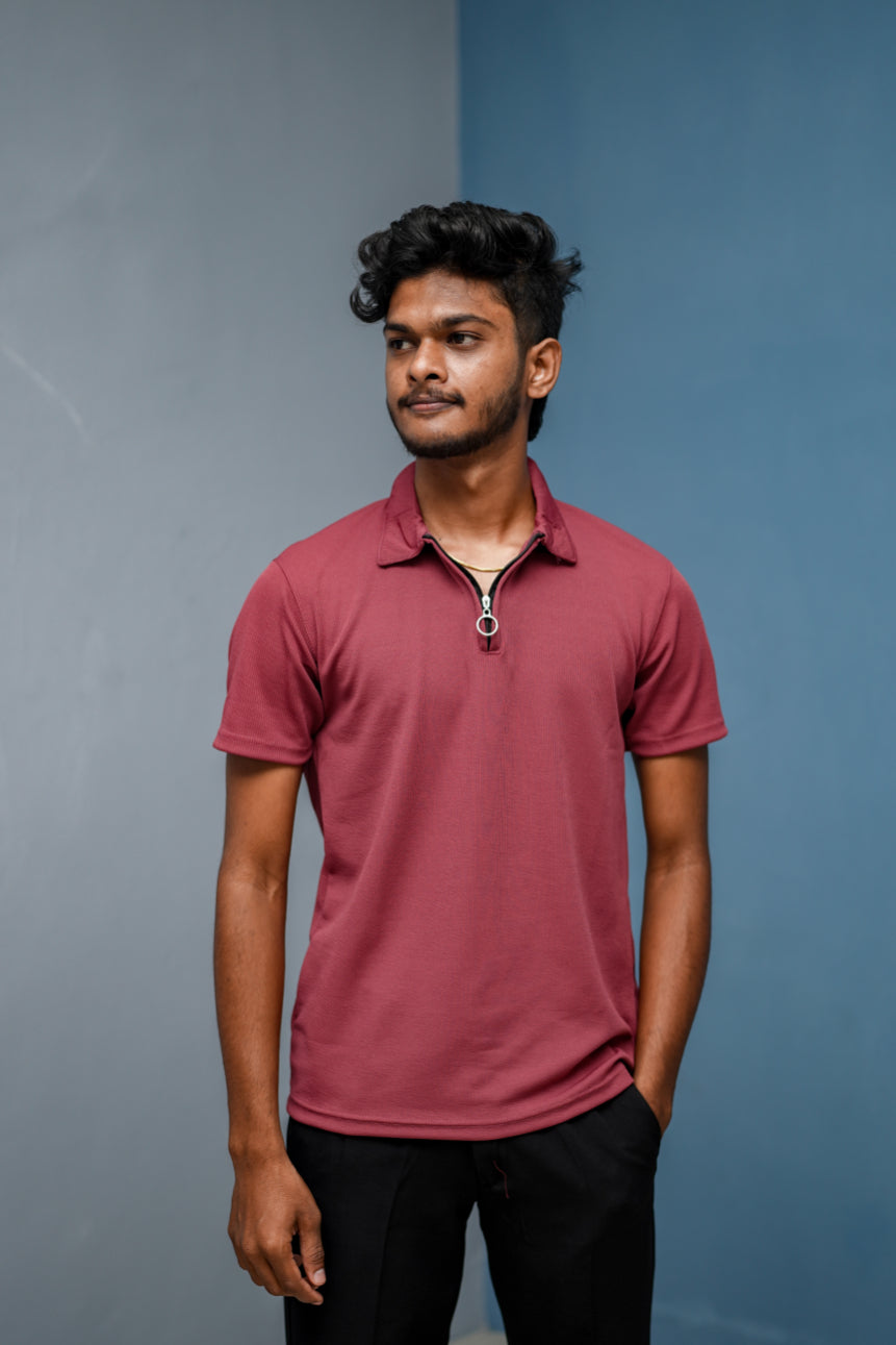 Korean Style Men's Short Sleeve MARIO RIB T-Shirt with Zipper Collar - Dark Peach