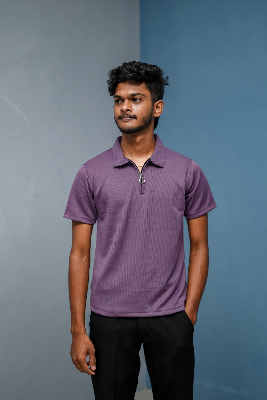 Korean Style Men's Short Sleeve MARIO RIB T-Shirt with Zipper Collar - Violet