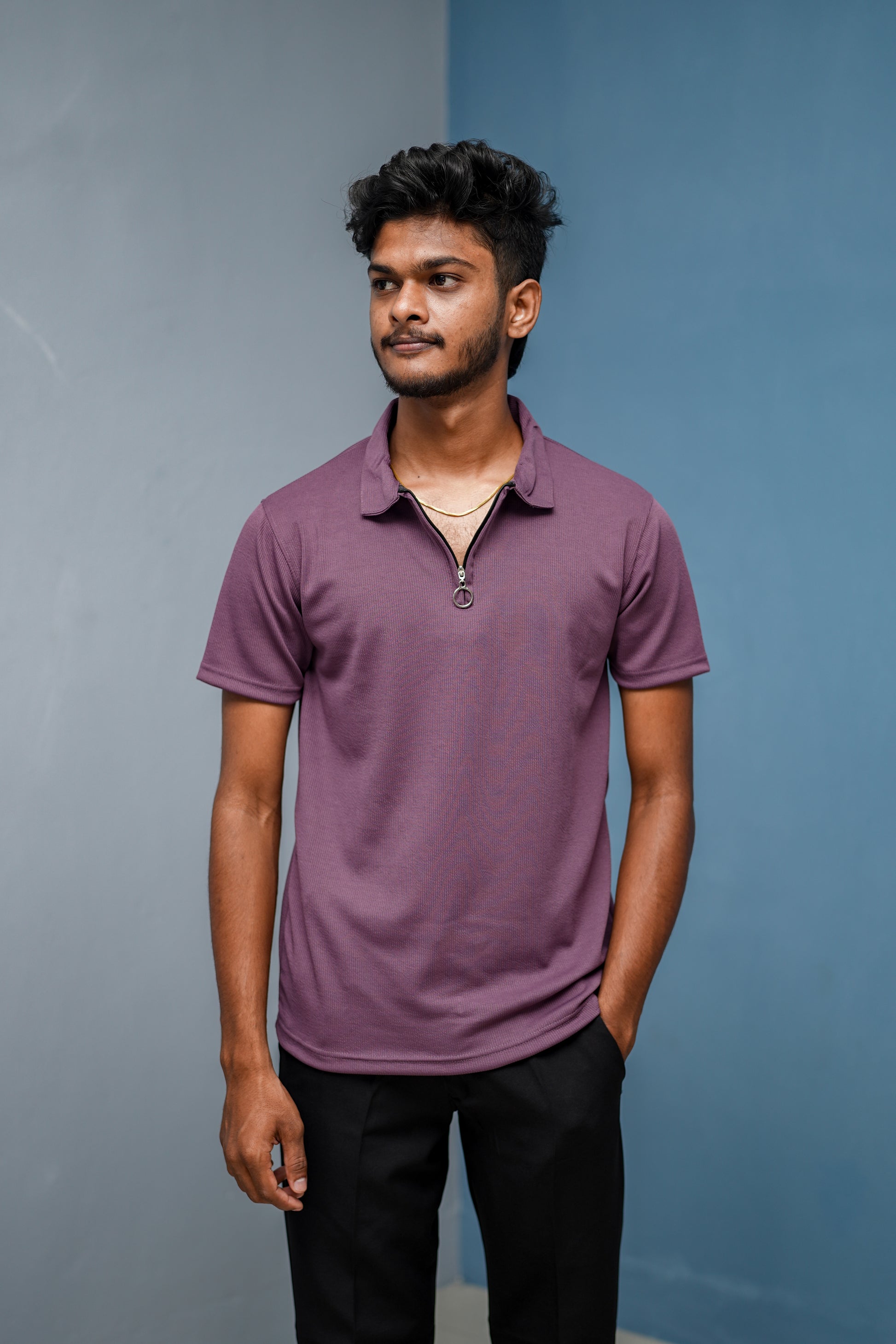 Korean Style Men's Short Sleeve MARIO RIB T-Shirt with Zipper Collar - Dark Purple