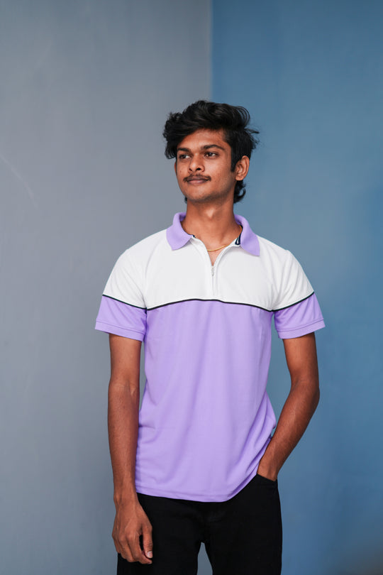 Short Sleeve Collar Neck Korean Zipper T-Shirt for Men – White and Lavendar – 7MAN Men's Fashion India