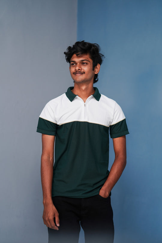 Short Sleeve Collar Neck Korean Zipper T-Shirt for Men – White and Bottle Green – 7MAN Men's Fashion India
