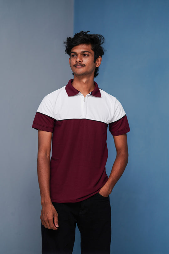 Short Sleeve Collar Neck Korean Zipper T-Shirt for Men – White and Maroon – 7MAN Men's Fashion India