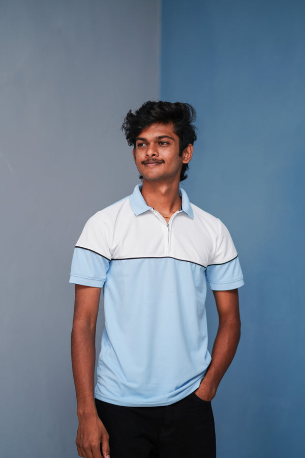 Short Sleeve Collar Neck Korean Zipper T-Shirt for Men – White and Sky Blue