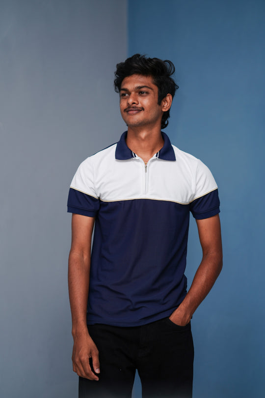 Short Sleeve Collar Neck Korean Zipper T-Shirt for Men – White and Navy Blue – 7MAN Men's Fashion India