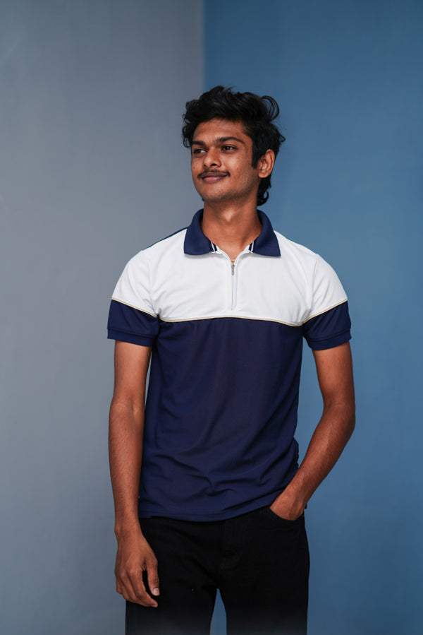 Short Sleeve Collar Neck Korean Zipper T-Shirt for Men – White and Navy Blue