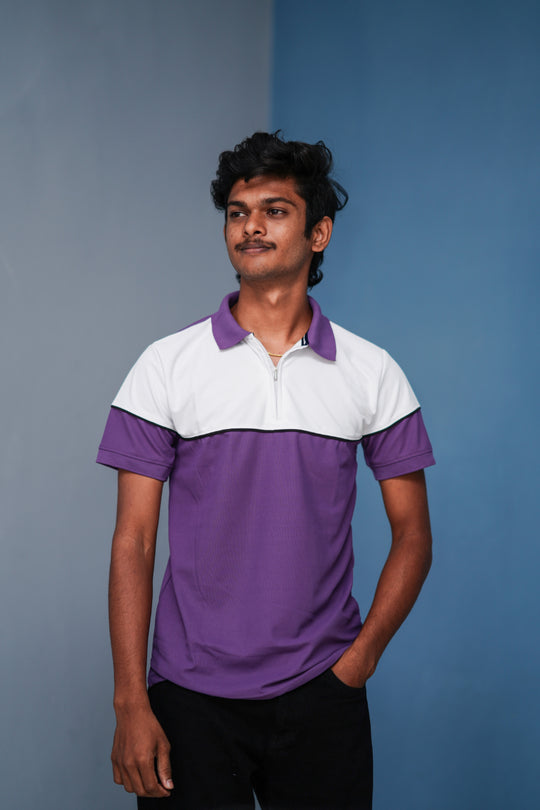 Short Sleeve Collar Neck Korean Zipper T-Shirt for Men – White and Purple – 7MAN Men's Fashion India