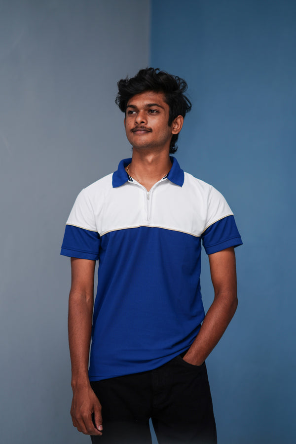 Short Sleeve Collar Neck Korean Zipper T-Shirt for Men – White and Ink Blue