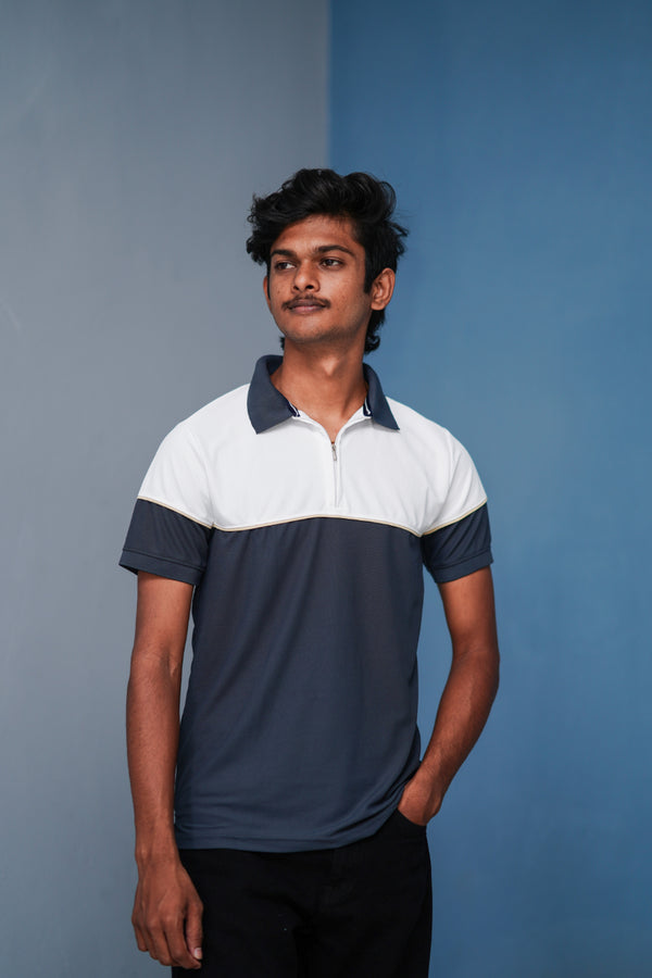 Short Sleeve Collar Neck Korean Zipper T-Shirt for Men – White and Grey
