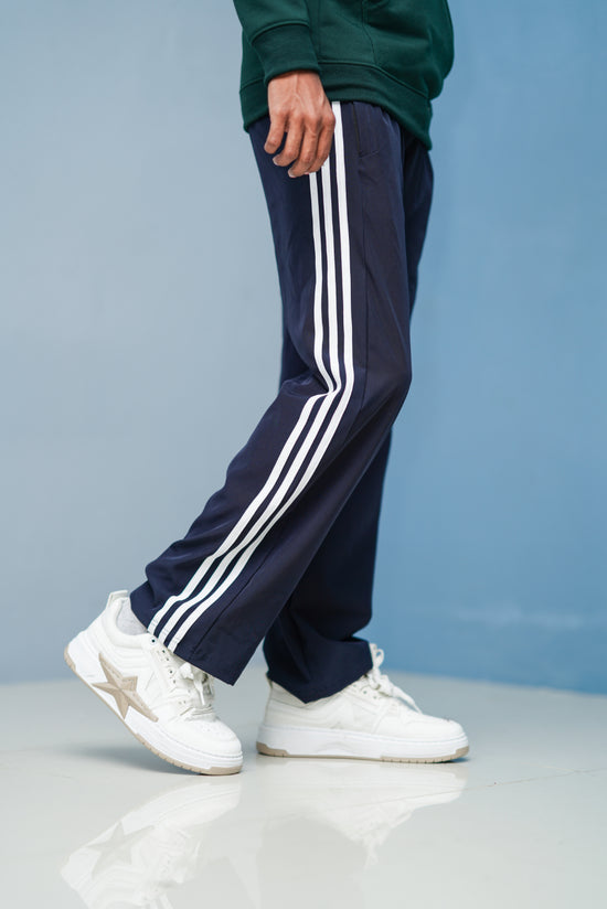 Triple-Stripe Street Baggy Track Pants for Men – Gym & Daily Wear - Navy Blue