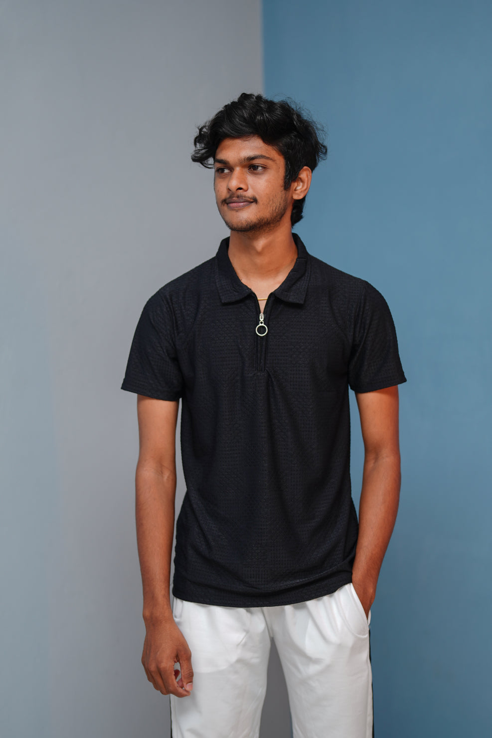 Short Sleeve Zipper T-Shirt for Men | Trendy Korean Style Tee - Black