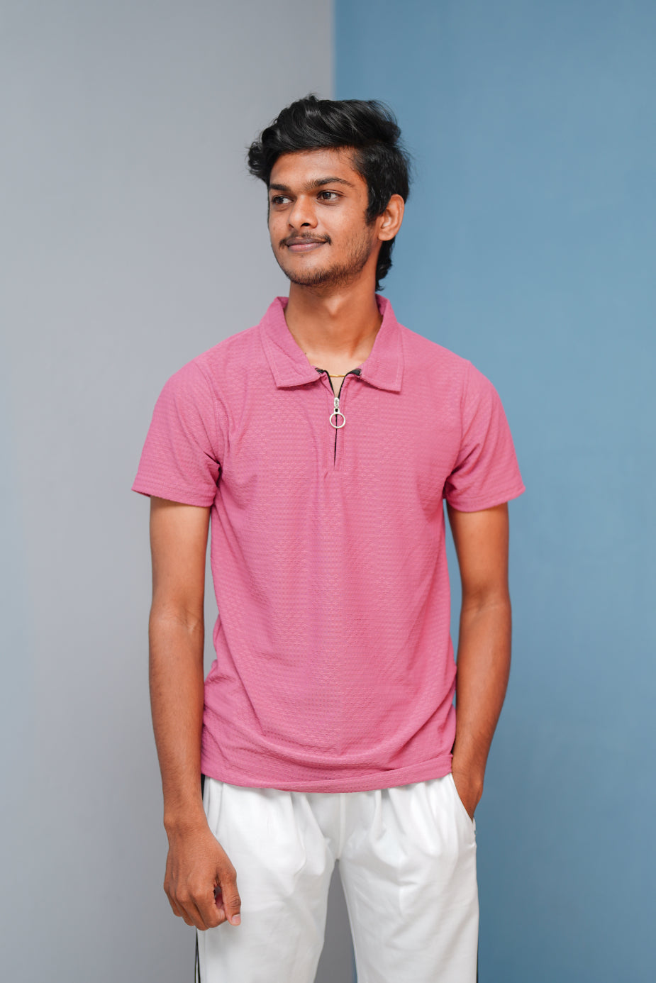 Short Sleeve Zipper T-Shirt for Men | Trendy Korean Style Tee - Pink