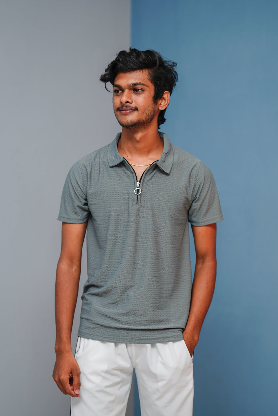 Short Sleeve Zipper T-Shirt for Men | Trendy Korean Style Tee - Grey