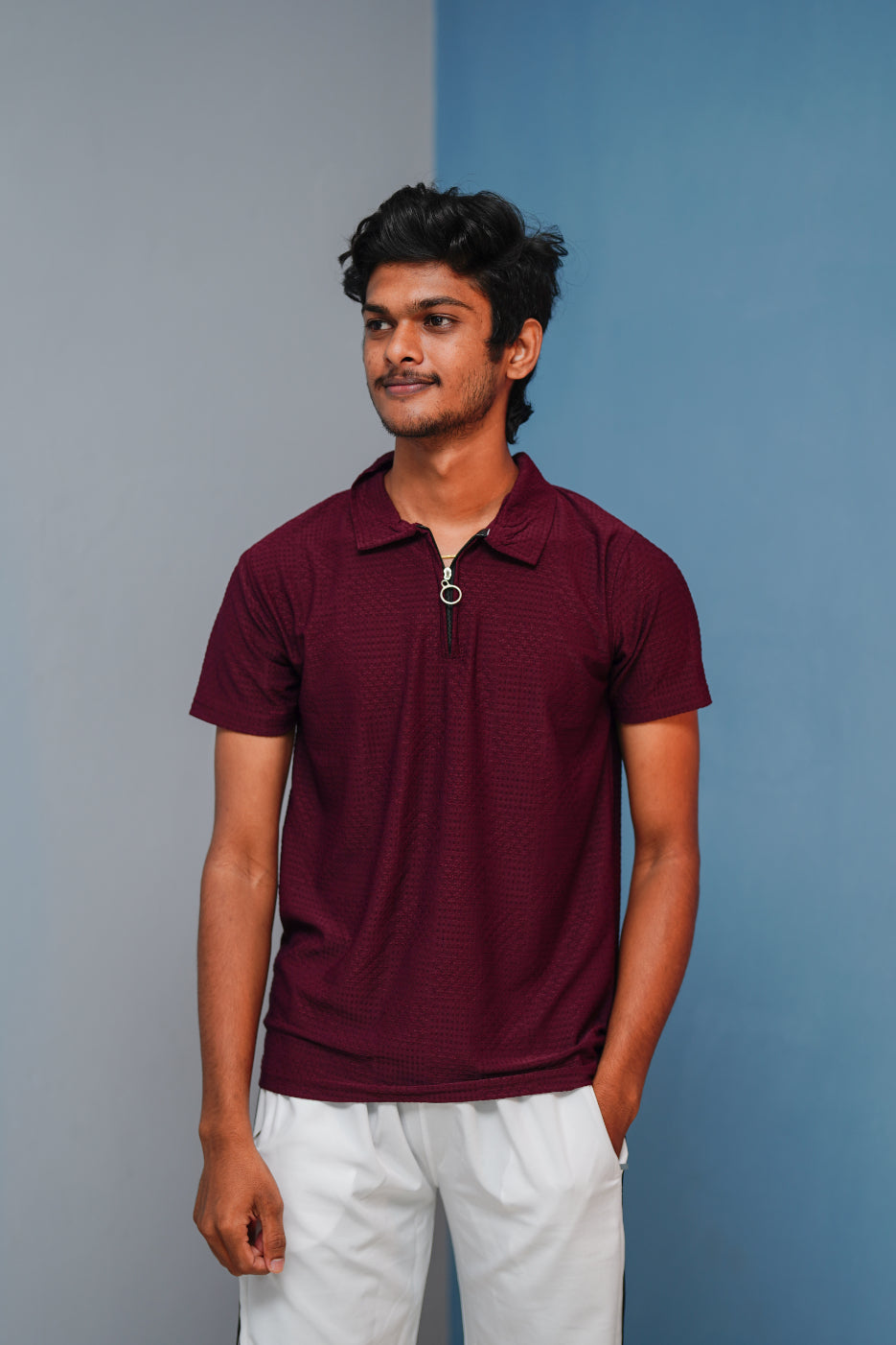 Short Sleeve Zipper T-Shirt for Men | Trendy Korean Style Tee - Maroon