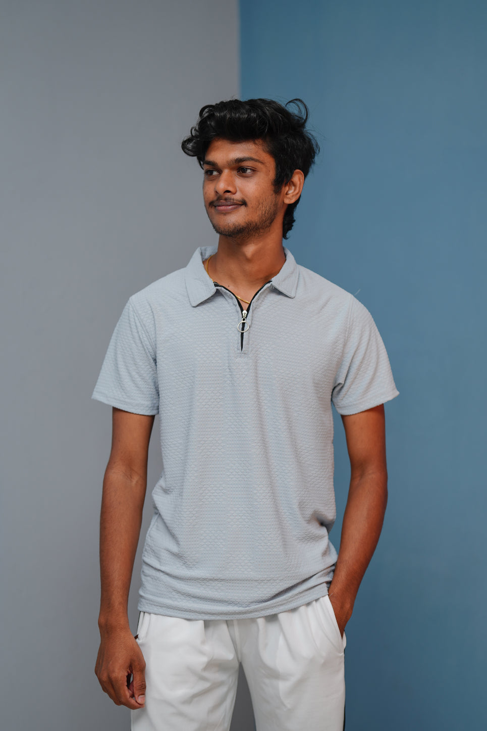 Short Sleeve Zipper T-Shirt for Men | Trendy Korean Style Tee - Ash