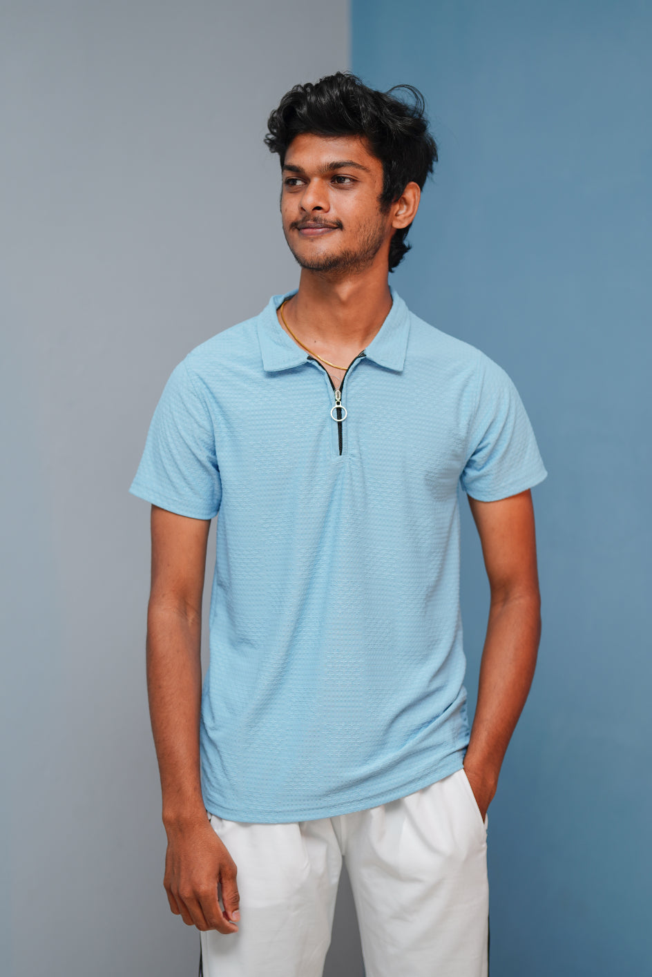 Short Sleeve Zipper T-Shirt for Men | Trendy Korean Style Tee - Sky Blue