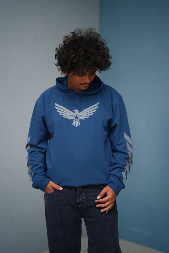 Men’s Full Sleeve BIRD Printed Hoodie | Oversized Winter Hoodie for Men - Petrol Blue