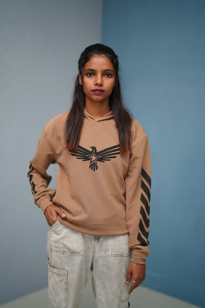 Mens Full Sleeve BIRD Printed Hoodie  Oversized Winter Hoodie for Men  Light Brown mens trending streetwear India 7Man
