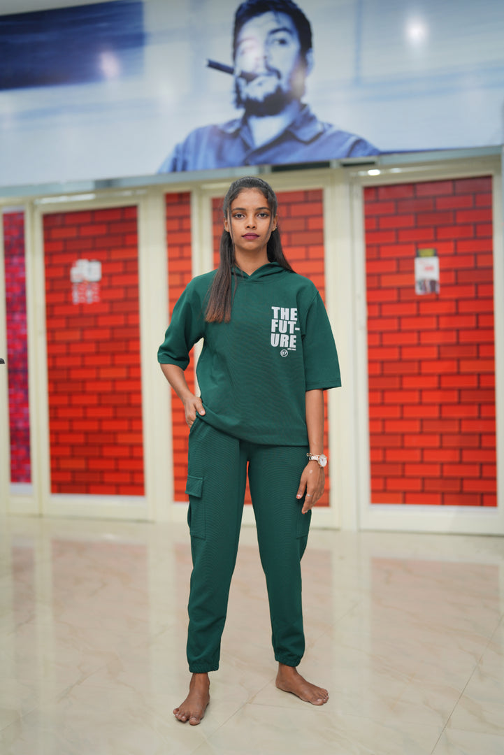 Unisex Five Sleeve FUTURE Printed Hoodie and Cargo Pant Co-ord Set for Men&women- Bottle green