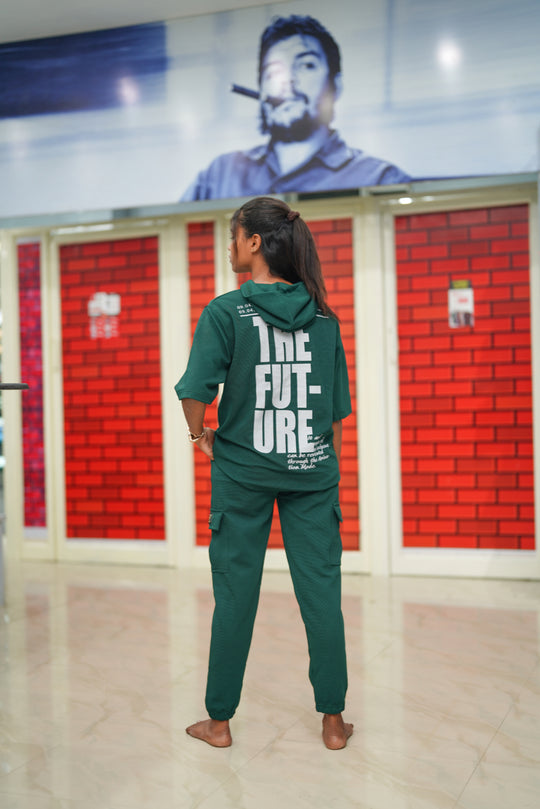 Unisex Five Sleeve FUTURE Printed Hoodie and Cargo Pant Co-ord Set for Men&women- Bottle green – alternate view – 7MAN India