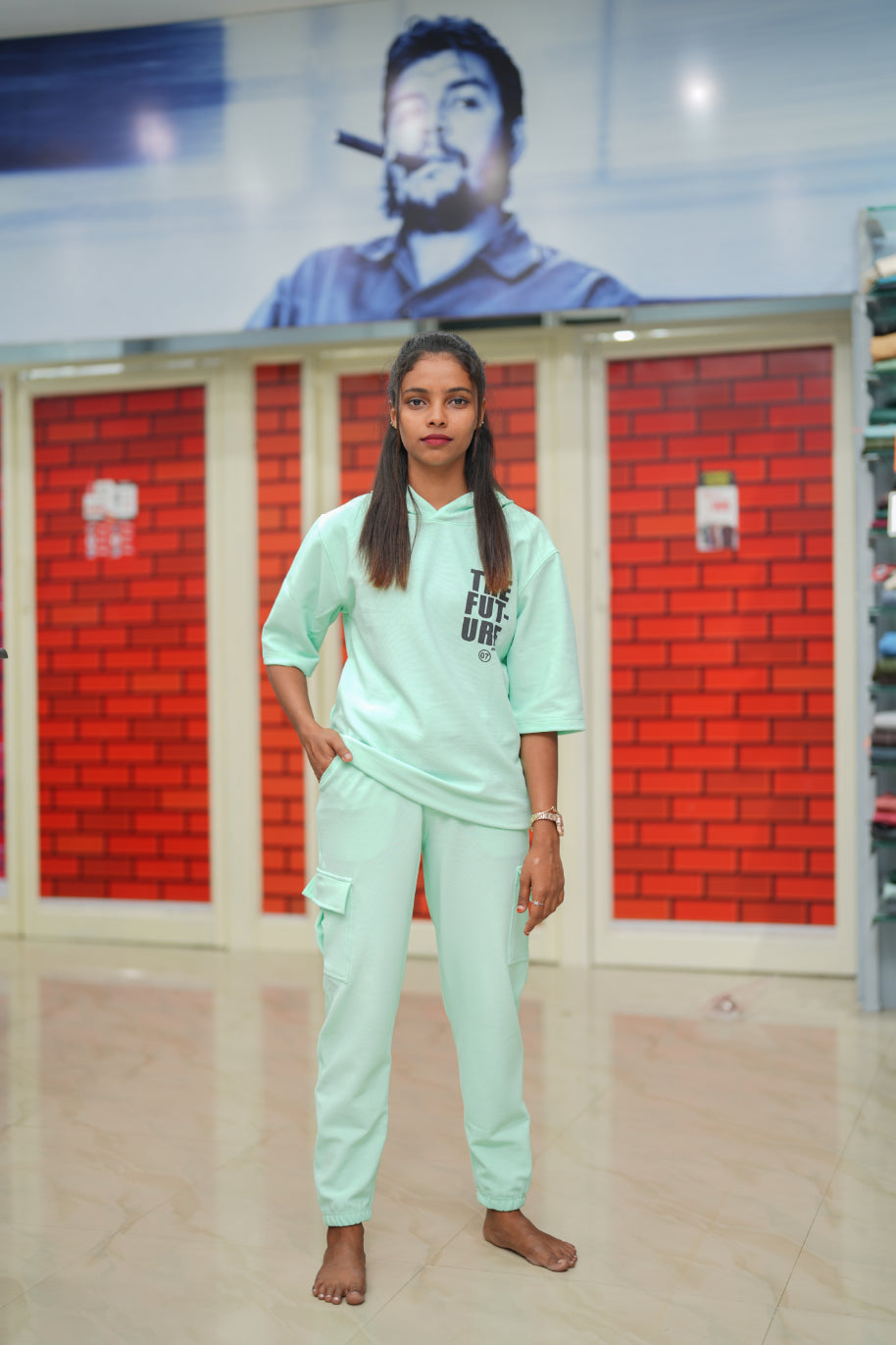 Unisex Five Sleeve FUTURE Printed Hoodie and Cargo Pant Co-ord Set for Men&women- Aqua Green