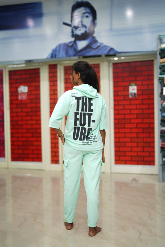 Unisex Five Sleeve FUTURE Printed Hoodie and Cargo Pant Co-ord Set for Men&women- Aqua Green