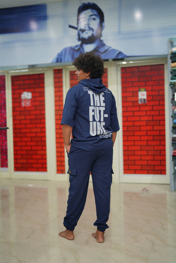 Unisex Five Sleeve FUTURE Printed Hoodie and Cargo Pant Co-ord Set for Men&women- Navy Blue