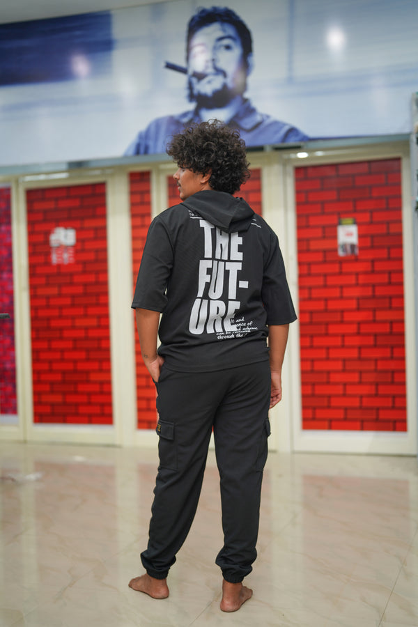 Unisex Five Sleeve FUTURE Printed Hoodie and Cargo Pant Co-ord Set for Men&women-black