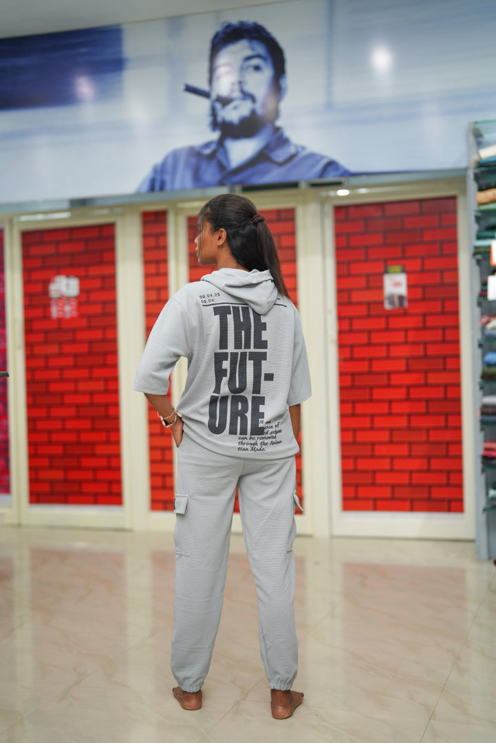 Unisex Five Sleeve FUTURE Printed Hoodie and Cargo Pant Co-ord Set for Men&women- Ash