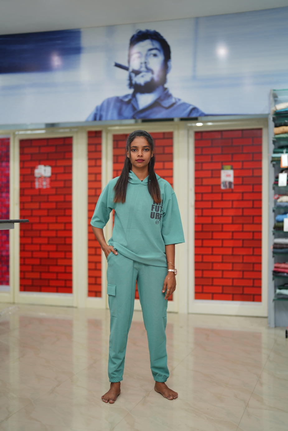 Unisex Five Sleeve FUTURE Printed Hoodie and Cargo Pant Co-ord Set for Men&women- Light Green