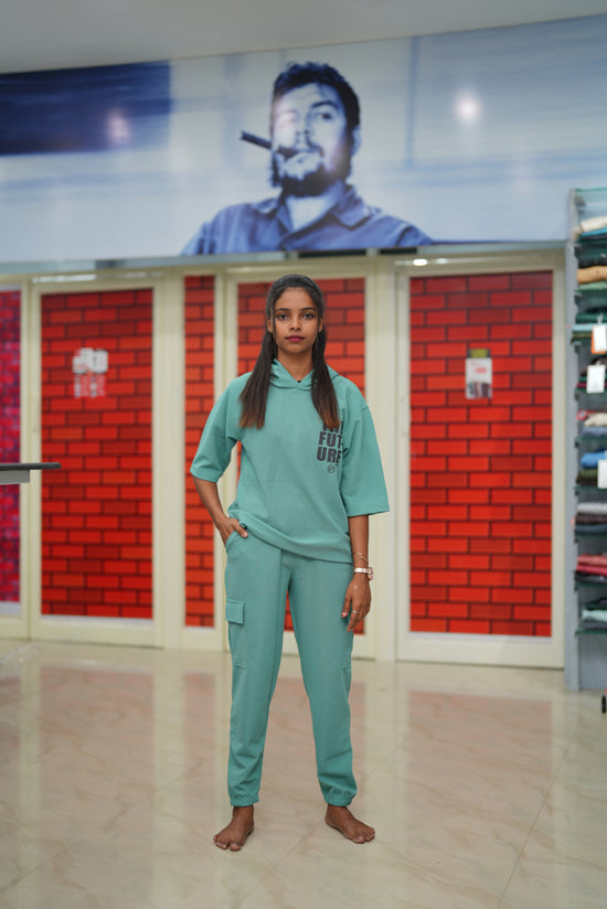 Unisex Five Sleeve FUTURE Printed Hoodie and Cargo Pant Co-ord Set for Men&women- Light Green